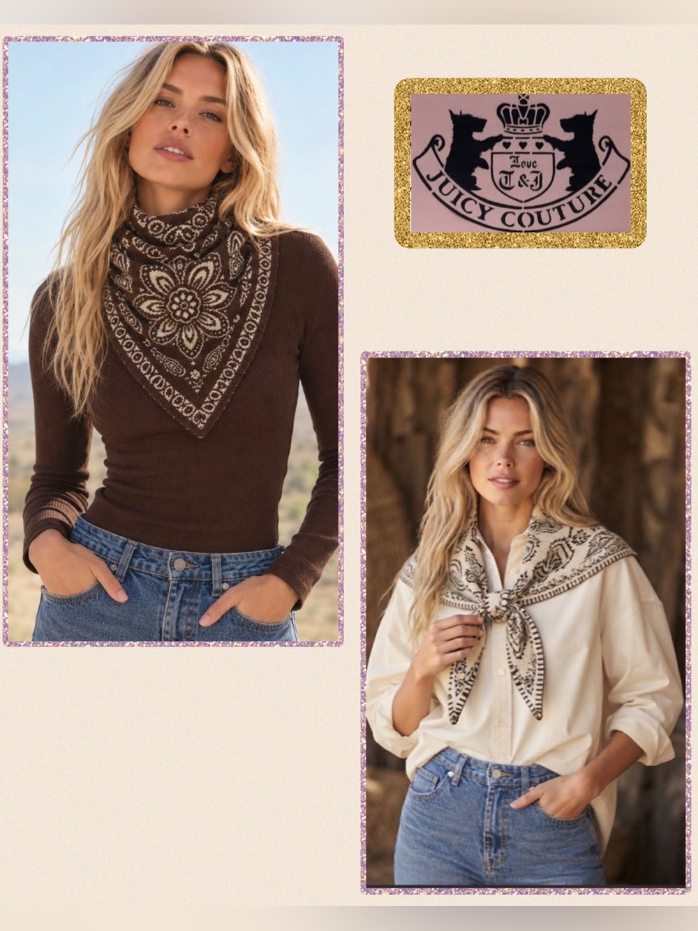 NWT Juicy Couture Brown Cream Paisley Knit Triangle Scarf Bandana Reversible